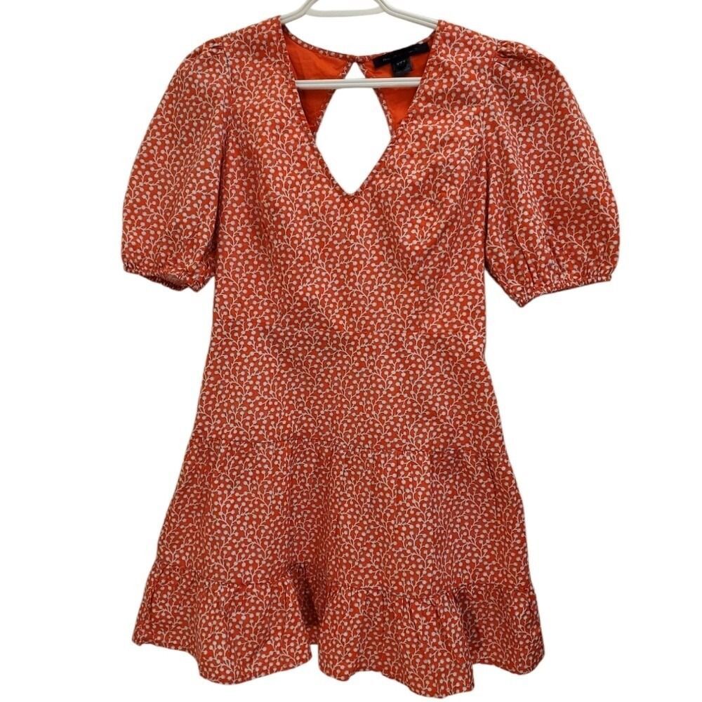 French Connection Mini Dress Orange Floral Puff Sleeve Cutout Back Size 8